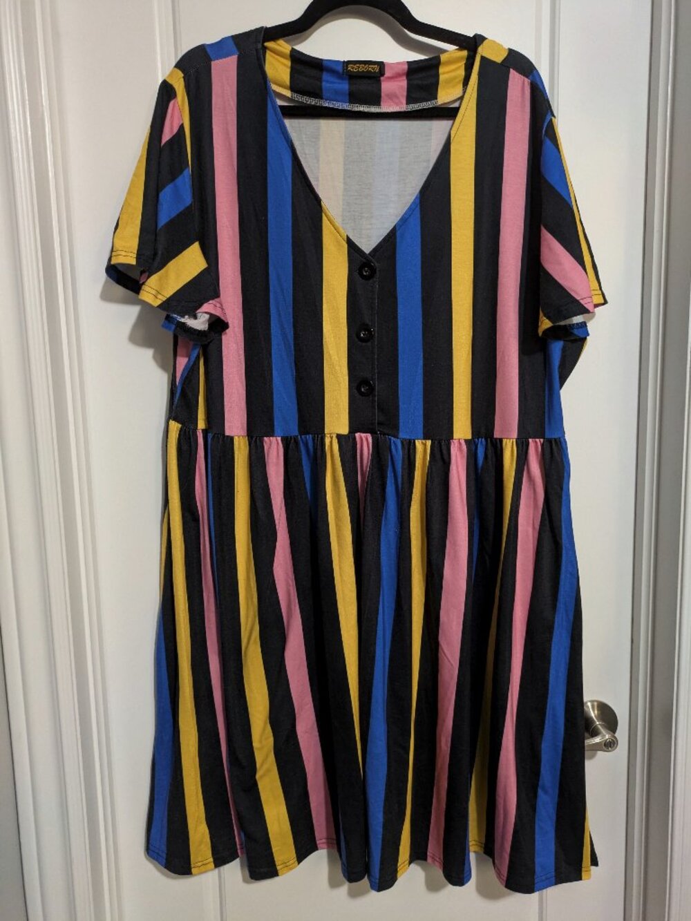 Reborn Yellow/Blue/Pink/Black Stripe VNeck Button Accent Mini Dress Plus (3X)